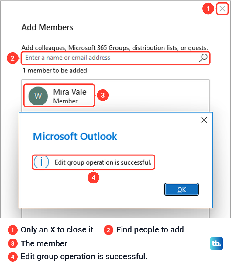 Classic Outlook Add Members window for a new Group with the success message on top.