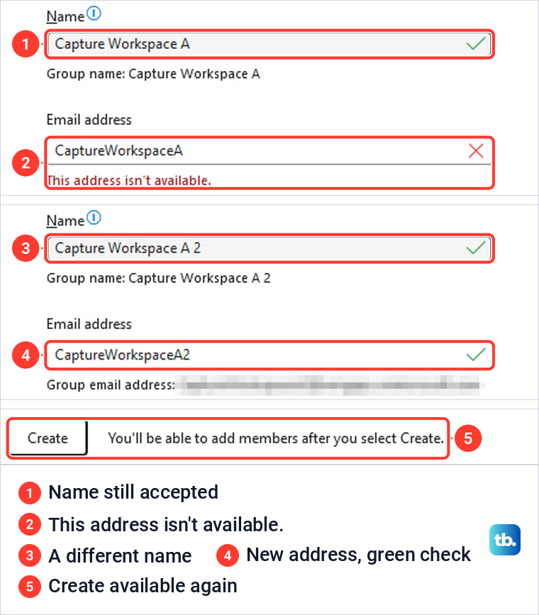 Classic Outlook Create Group form showing This address isn't available, then a new name accepted.