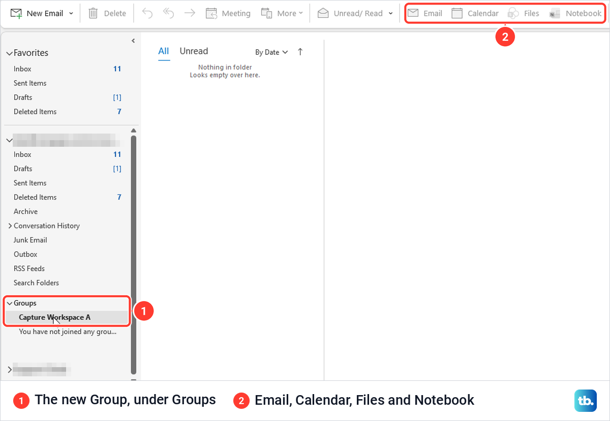 Classic Outlook Mail folder pane listing the new Group under Groups, with the Group ribbon.