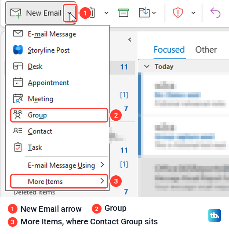 Classic Outlook Mail view with the New Email menu open and Group and More Items marked.
