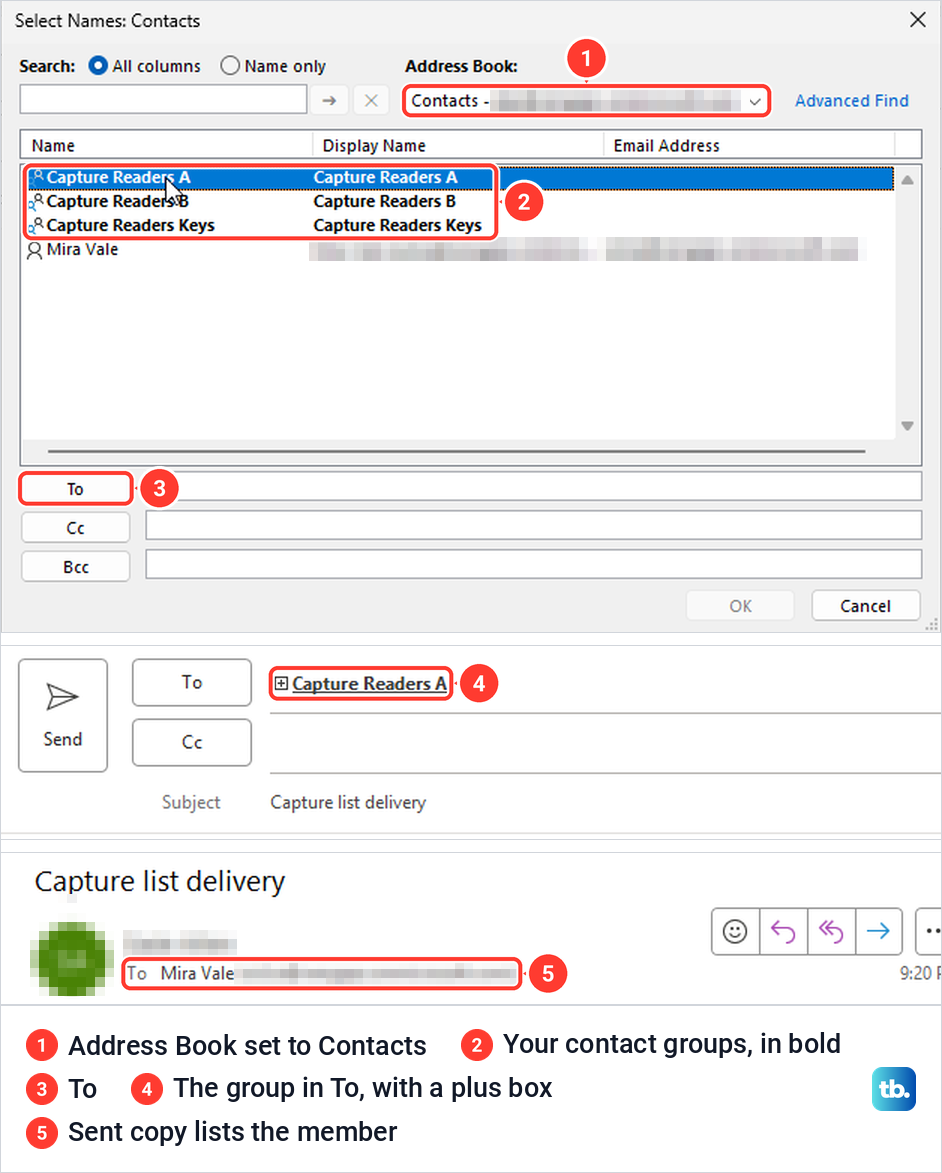 Classic Outlook Select Names window set to Contacts, the contact group in To, and the sent copy.