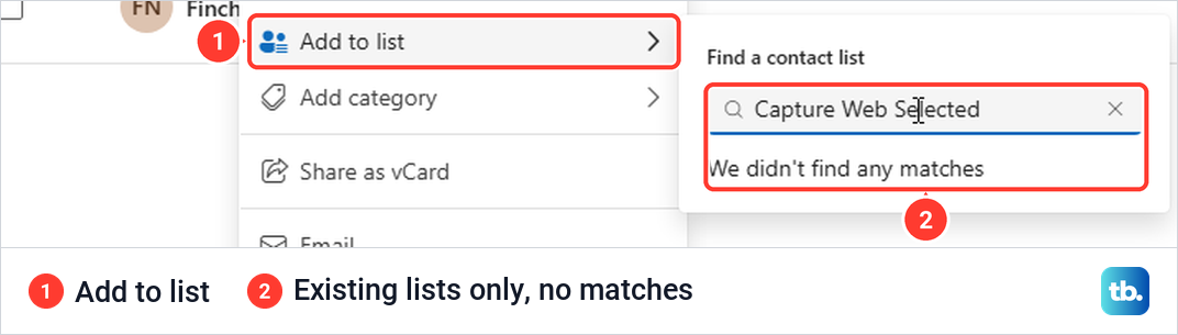 Outlook on the web right-click Add to list finder showing no matches for a new list name.