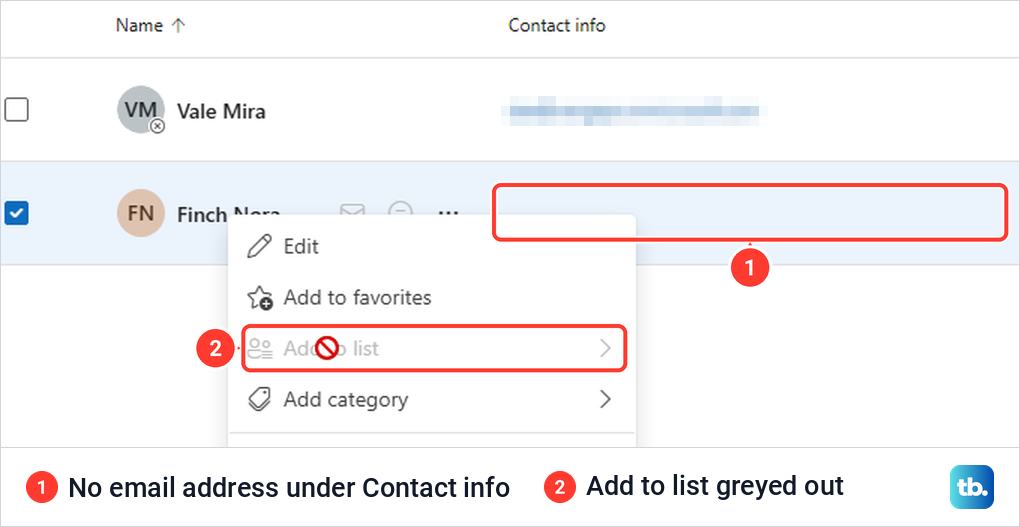 Outlook on the web contact list with one contact missing an email address and Add to list greyed out.