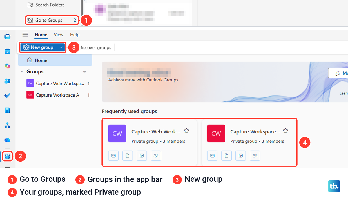 Outlook on the web Go to Groups link and the Groups page with two private group cards.