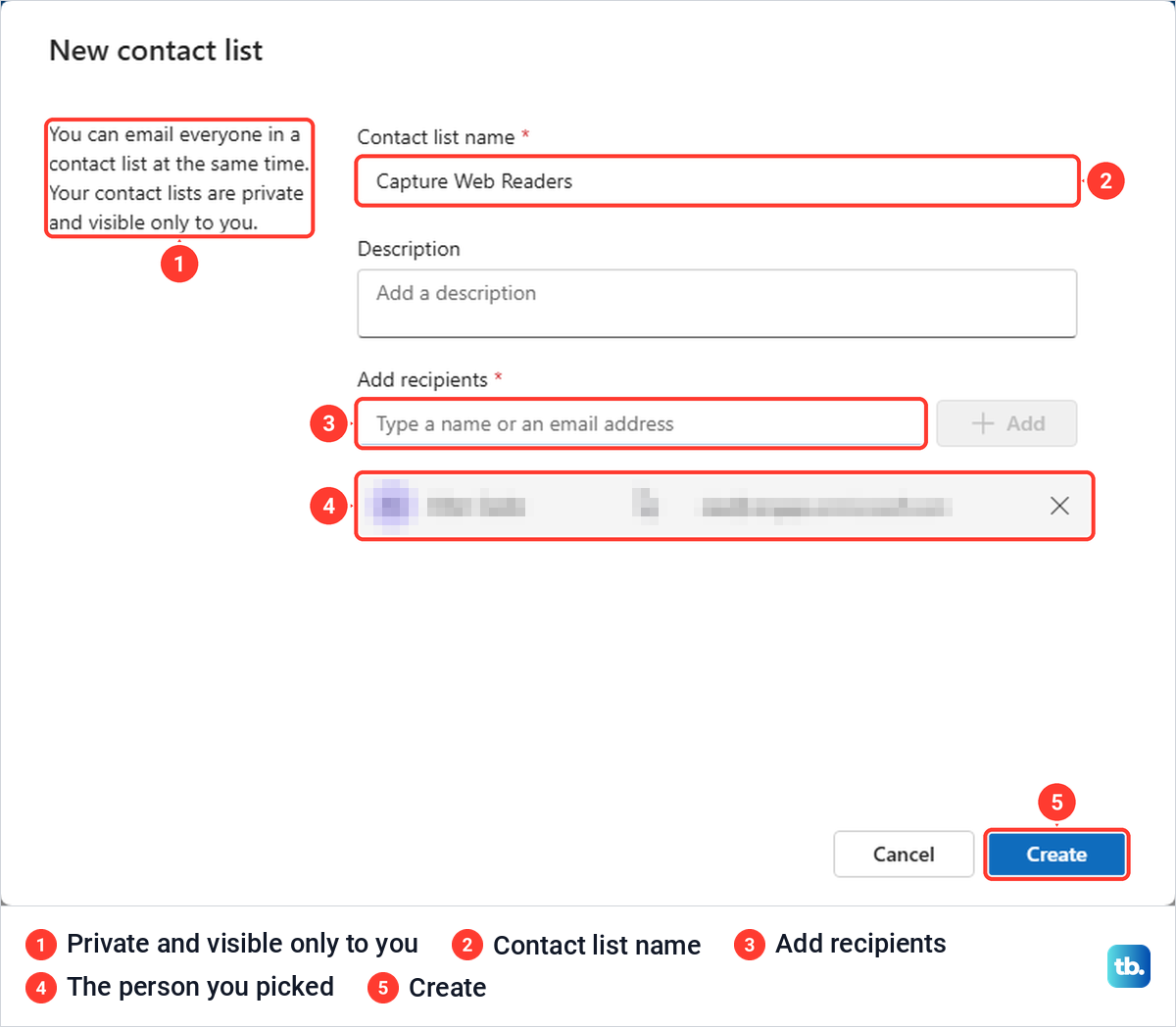 Outlook on the web New contact list form with a name and one recipient added.