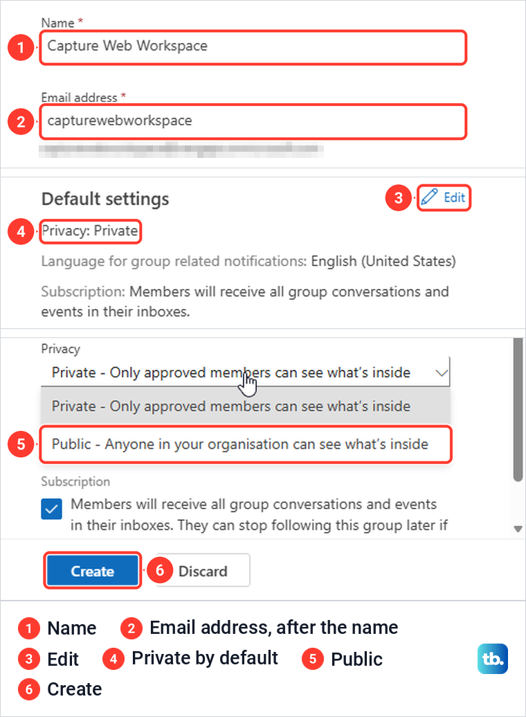 Outlook on the web New group form with name, email address and the privacy list open.