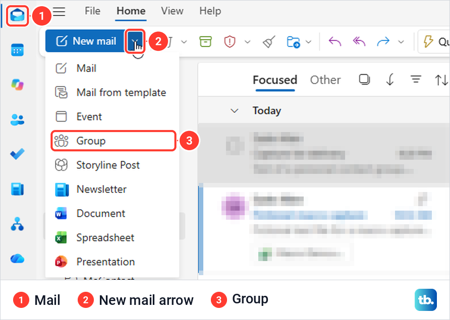 Outlook on the web Mail view with the New mail menu open and Group marked.
