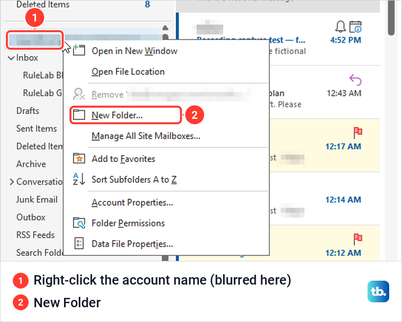 Classic Outlook right-click menu on the account name with New Folder highlighted.