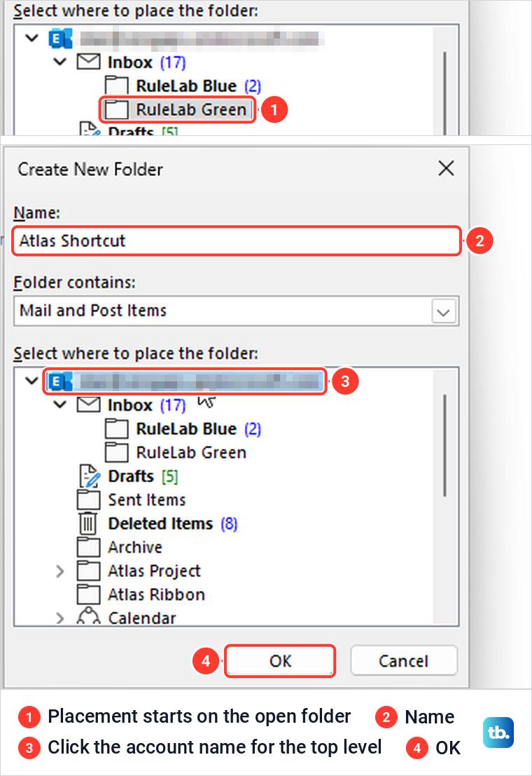 Classic Outlook Create New Folder window with a name typed and the account name chosen as the location.