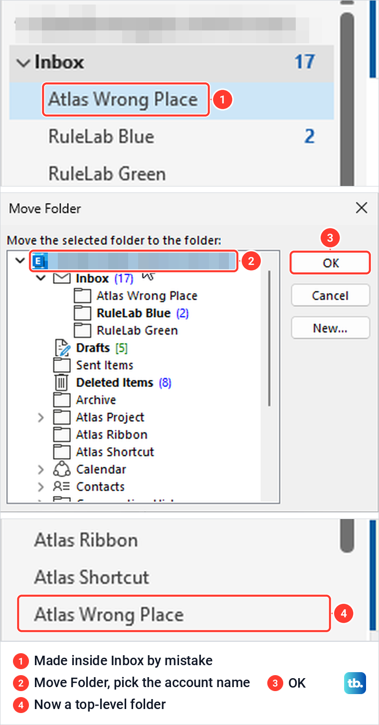 Classic Outlook Move Folder window with the account name chosen, and the folder moved out of Inbox.
