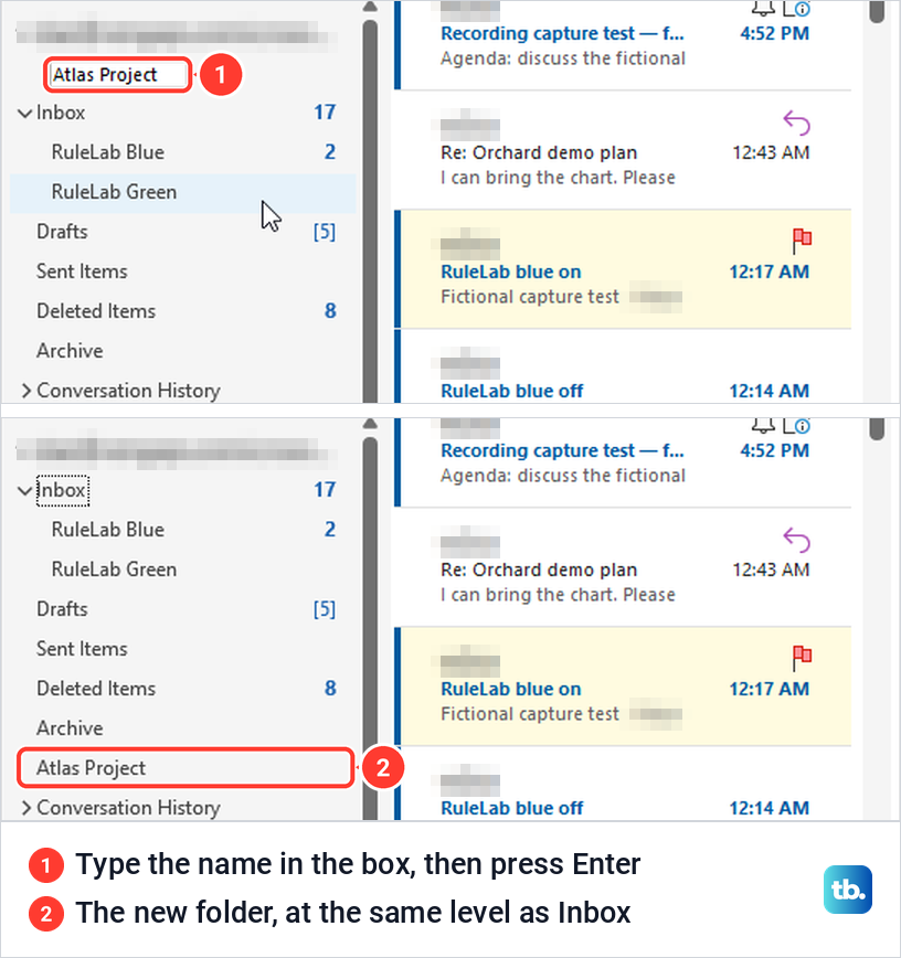 Classic Outlook name box under the account name, then the new folder listed at the same level as Inbox.