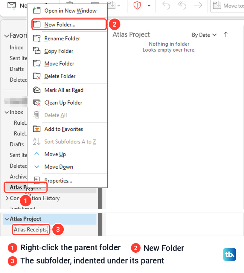 Classic Outlook right-click menu on a folder with New Folder highlighted, and the new subfolder indented below it.