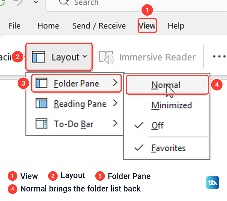 Classic Outlook View tab with Layout, Folder Pane and Normal selected to bring back the folder list.