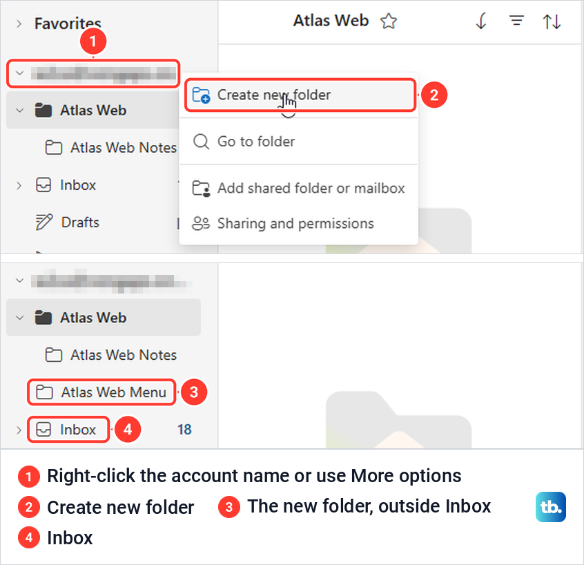 Outlook on the web account menu with Create new folder, and the new folder listed above Inbox.