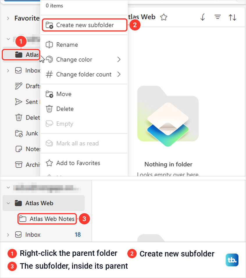 Outlook on the web folder menu with Create new subfolder, and the new subfolder inside its parent.