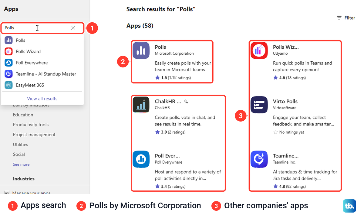 Teams Apps search results for Polls with Microsoft's app first and other companies' apps around it.
