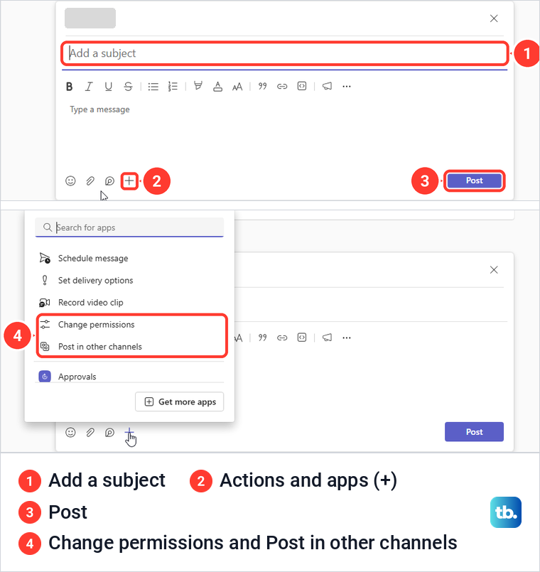 Teams channel Post in channel composer with Add a subject, the plus menu and the Post button.