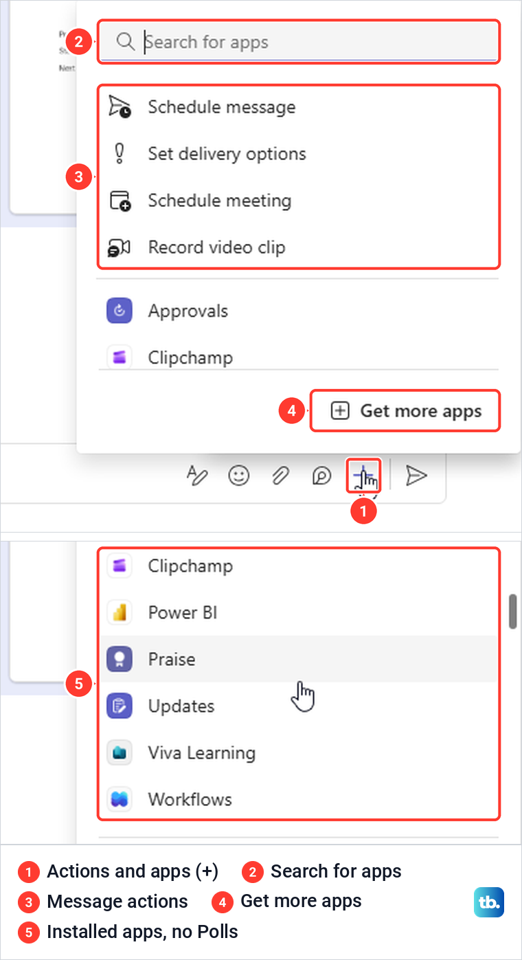 Teams chat Actions and apps menu with message actions and installed apps, and no Polls entry.