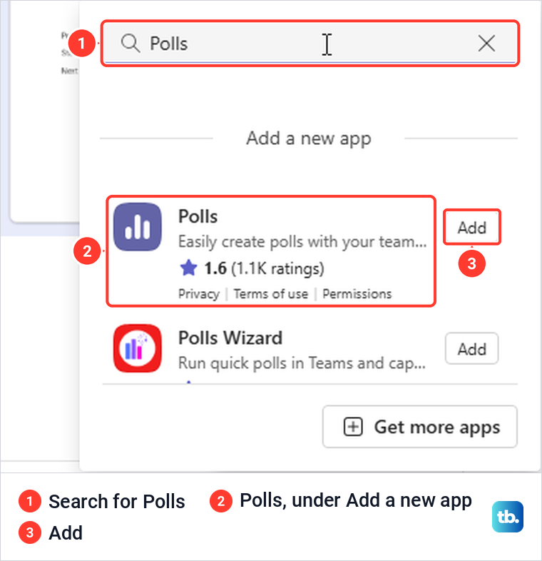 Teams Actions and apps search for Polls showing Microsoft's Polls app under Add a new app.