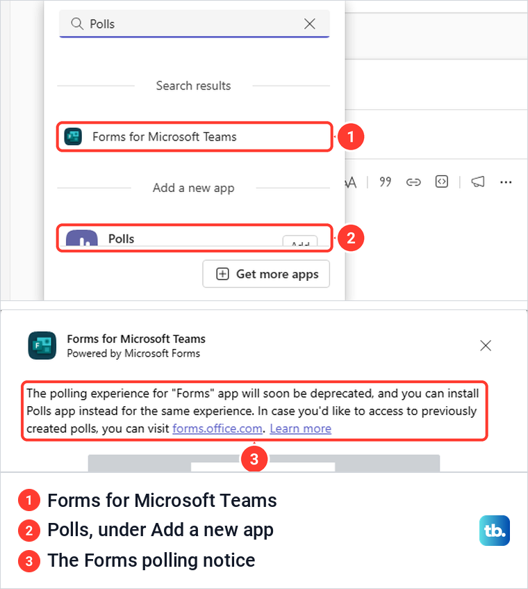 Teams channel app search showing Forms for Microsoft Teams and its notice pointing to the Polls app.