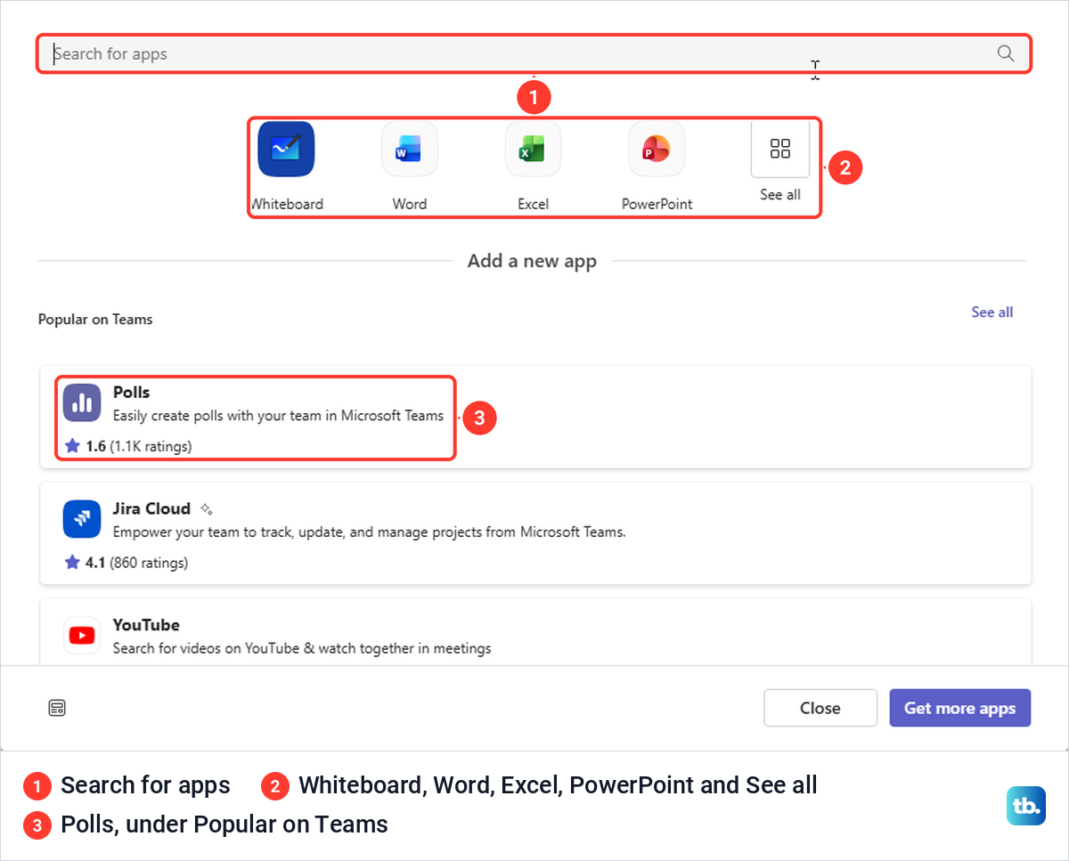 Teams meeting add a tab picker with a search box, Office apps and Polls under Popular on Teams.