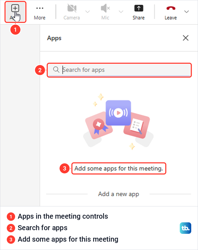 Teams meeting Apps pane with a search box and the message Add some apps for this meeting.