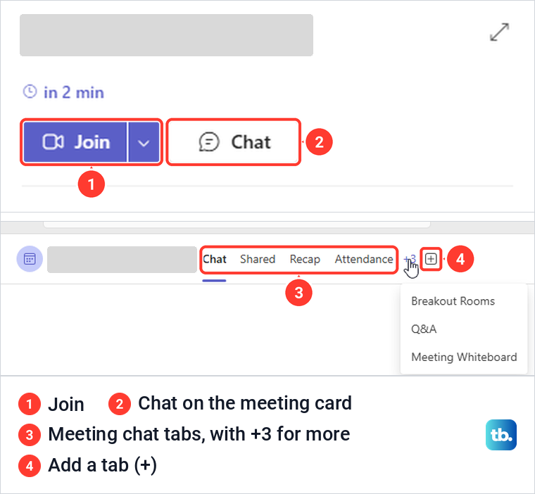 Teams calendar meeting card with Join and Chat, and the meeting chat tabs with the add tab button.