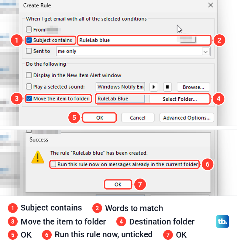 Classic Outlook Create Rule box with Subject contains and Move the item to folder ticked.