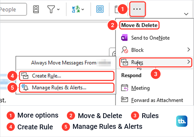 Classic Outlook Simplified Ribbon More options menu open at Move and Delete then Rules.