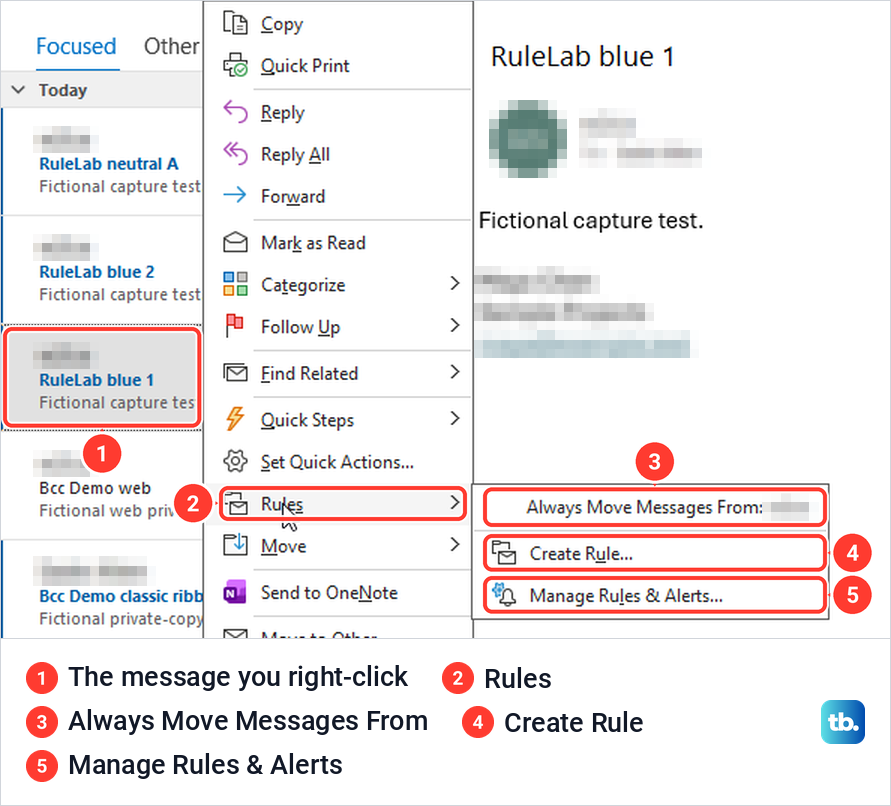 Classic Outlook right-click menu on a message with the Rules submenu and Create Rule open.
