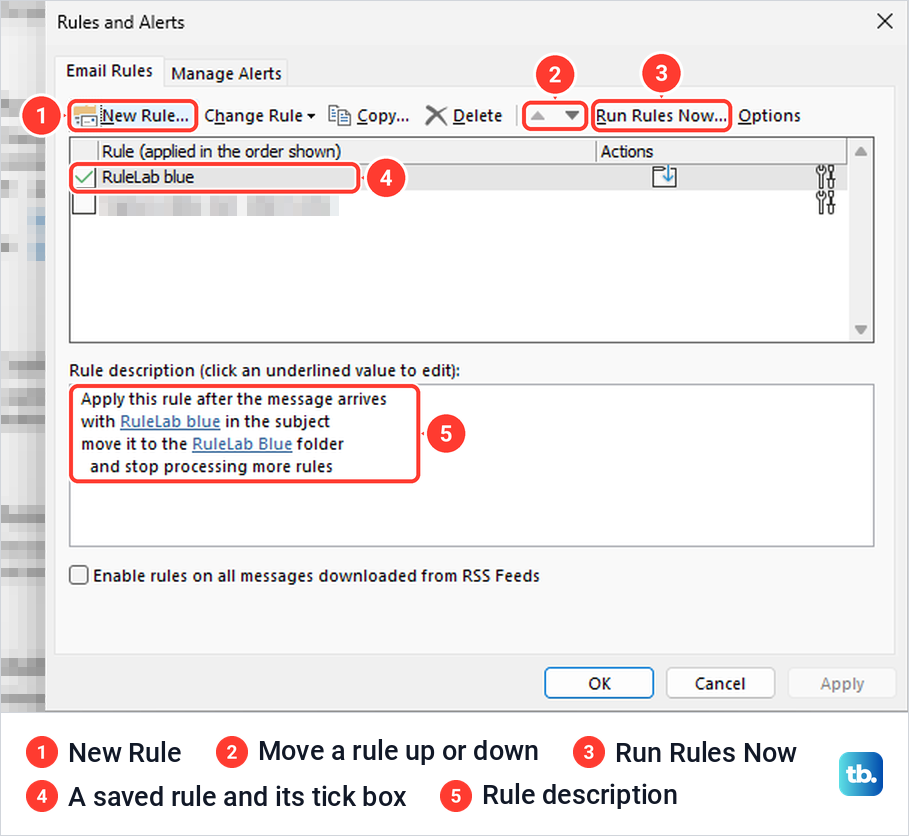 Classic Outlook Rules and Alerts box listing a saved rule and its full rule description.