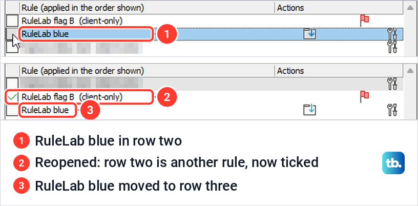 Two views of the classic Outlook rules list showing the same rules in a different order.