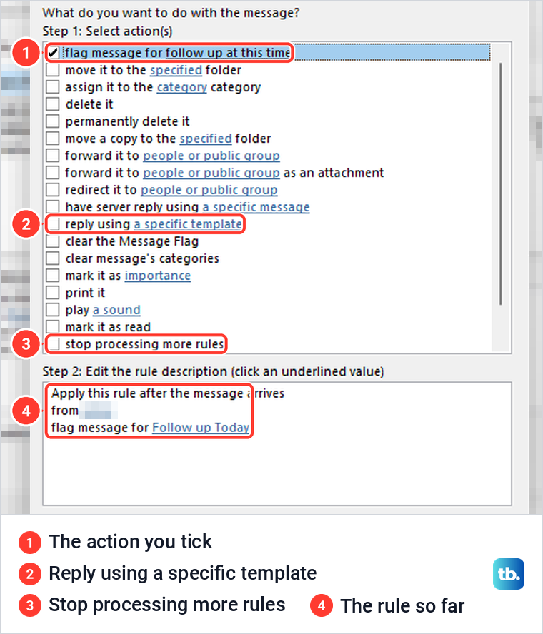 Classic Outlook Rules Wizard actions page with flag message for follow up ticked.
