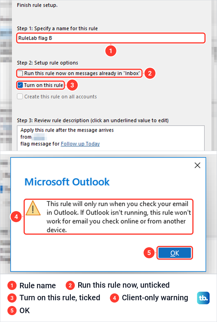 Classic Outlook Rules Wizard finish page followed by the client-only rule warning box.
