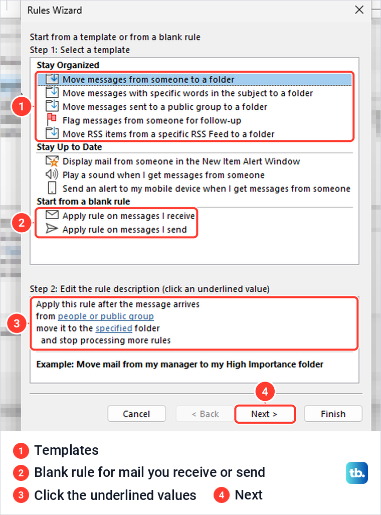 Classic Outlook Rules Wizard first page with rule templates and the blank rule options.