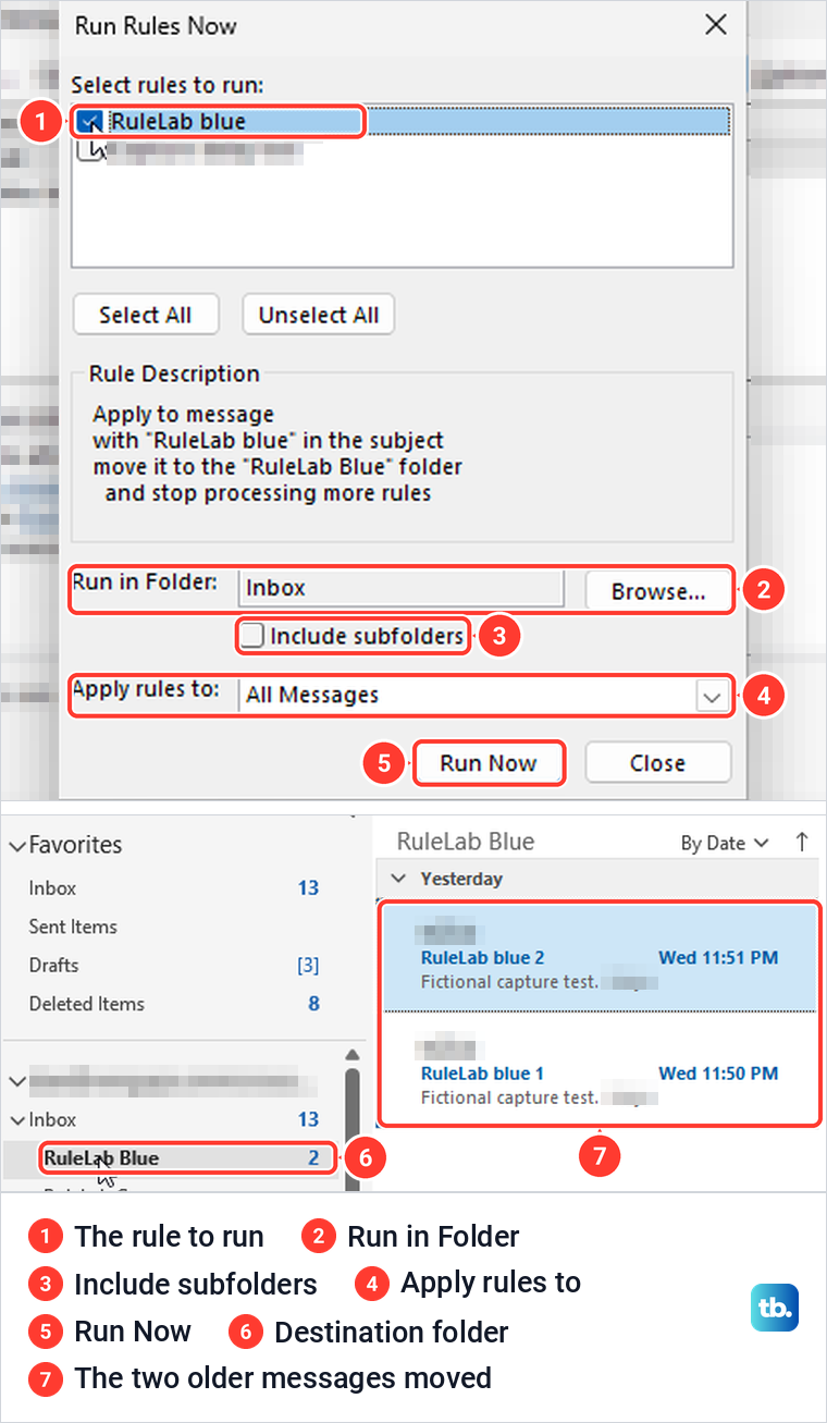 Classic Outlook Run Rules Now box above the destination folder holding two moved messages.