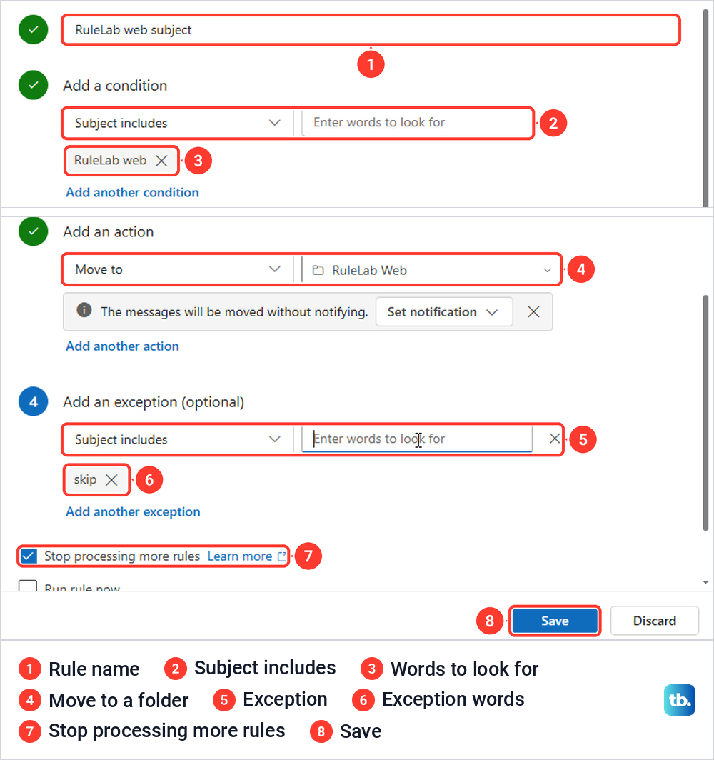 Outlook on the web rule editor with a subject condition, Move to action and an exception.