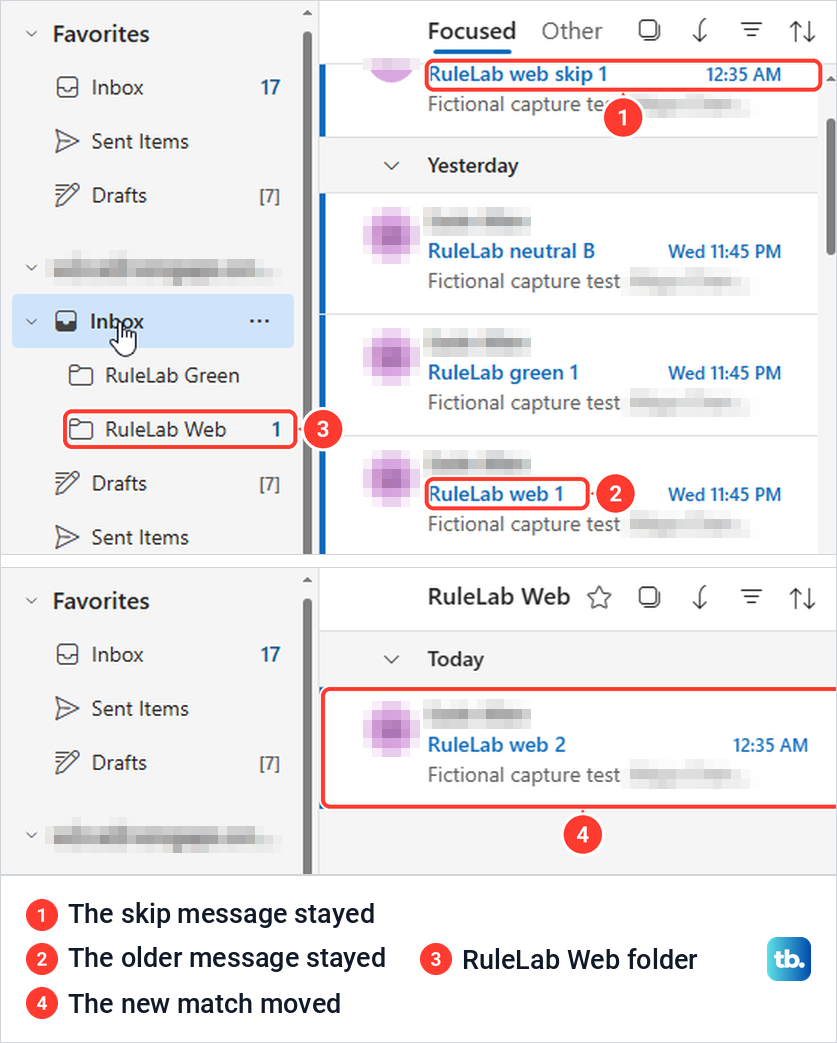 Outlook on the web Inbox and RuleLab Web folder after the subject rule with an exception ran.