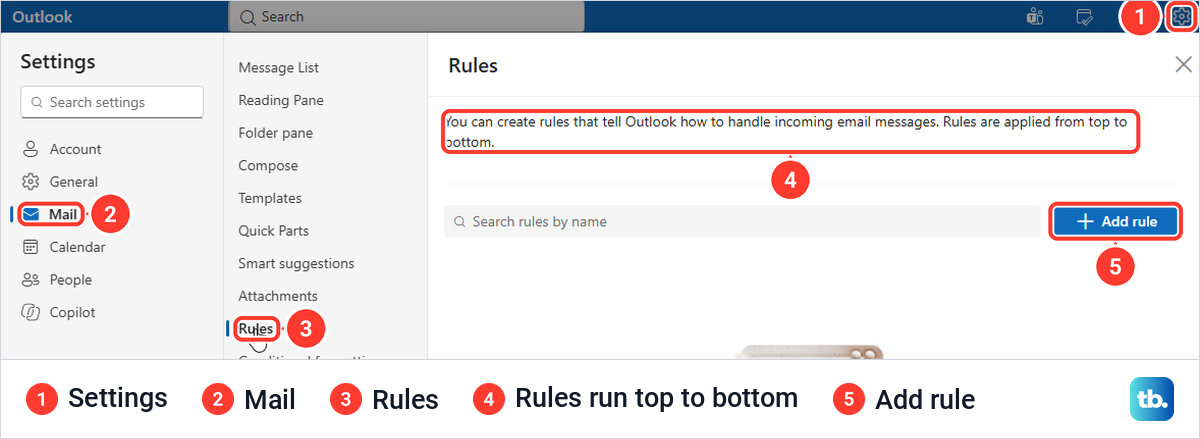 Outlook on the web Settings open at Mail and Rules with the Add rule button.