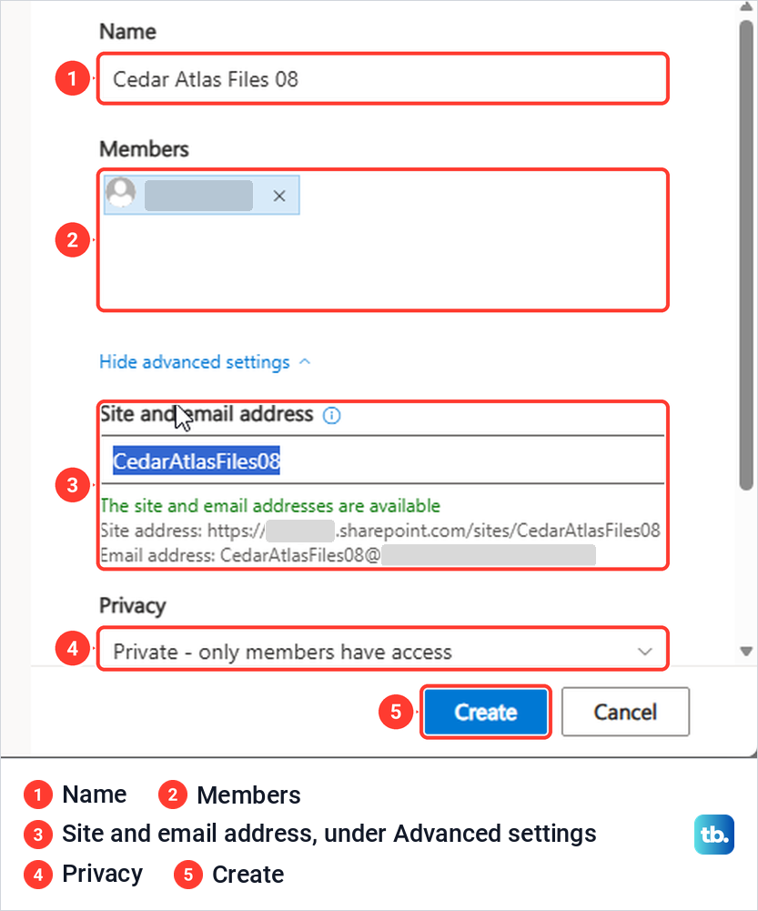 OneDrive Create a shared library form with name, members, advanced settings and Create.