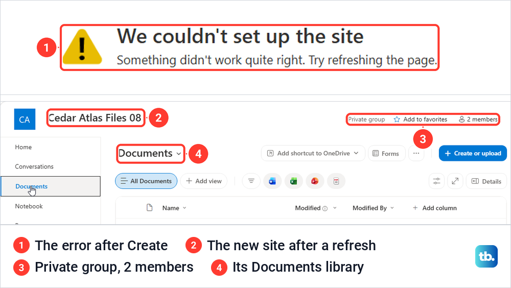 OneDrive error saying it could not set up the site, and the new site after a refresh.