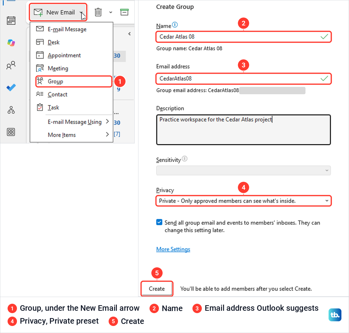 Classic Outlook New Email menu with Group, and the Create Group box filled in.