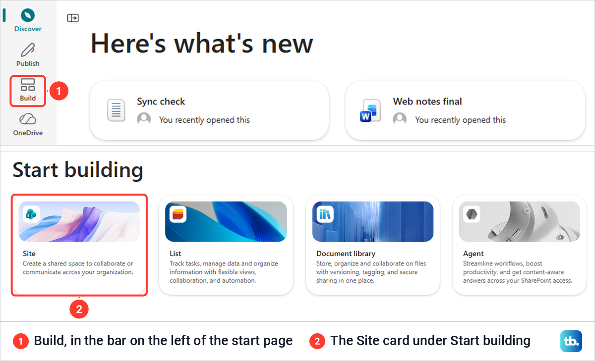 SharePoint start page with Build in the left bar, then the Site card under Start building.
