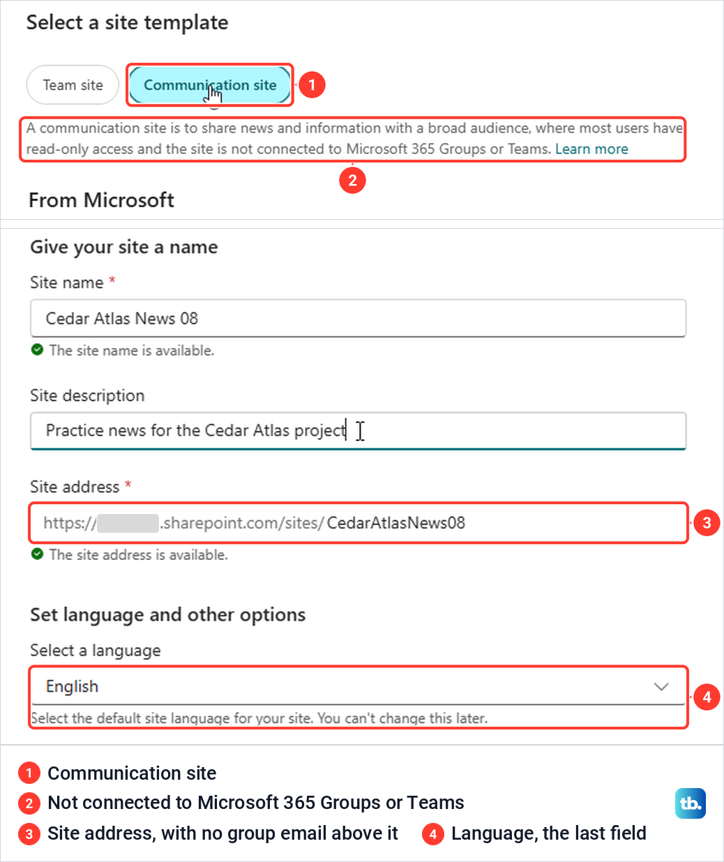SharePoint communication site choice and its shorter setup form without a group email address.