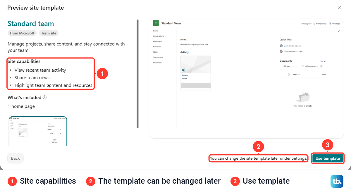 SharePoint Preview site template box for Standard team with Site capabilities and Use template.