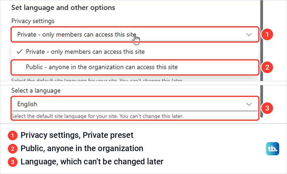 SharePoint privacy settings menu with Private and Public, and the site language box below it.