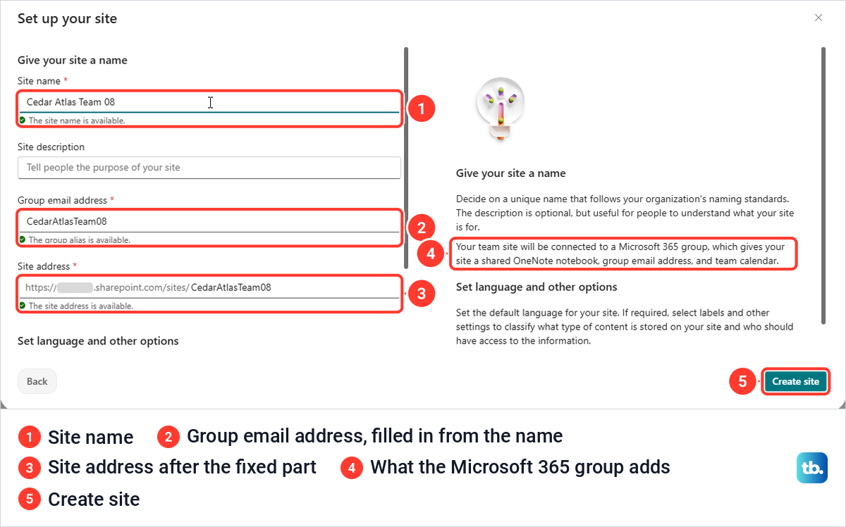 SharePoint Set up your site form with the site name, group email address and site address all available.