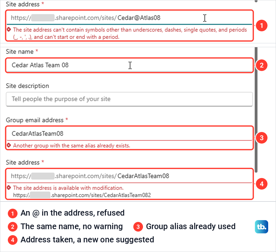 SharePoint site address errors for an @ symbol and for a site name that was already used.