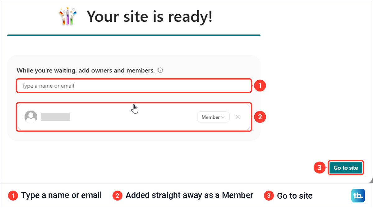 SharePoint Your site is ready box with one member added and the Go to site button.