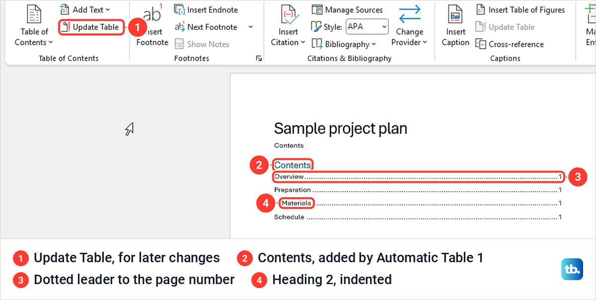 Word document with Automatic Table 1 inserted under the title, listing four headings.